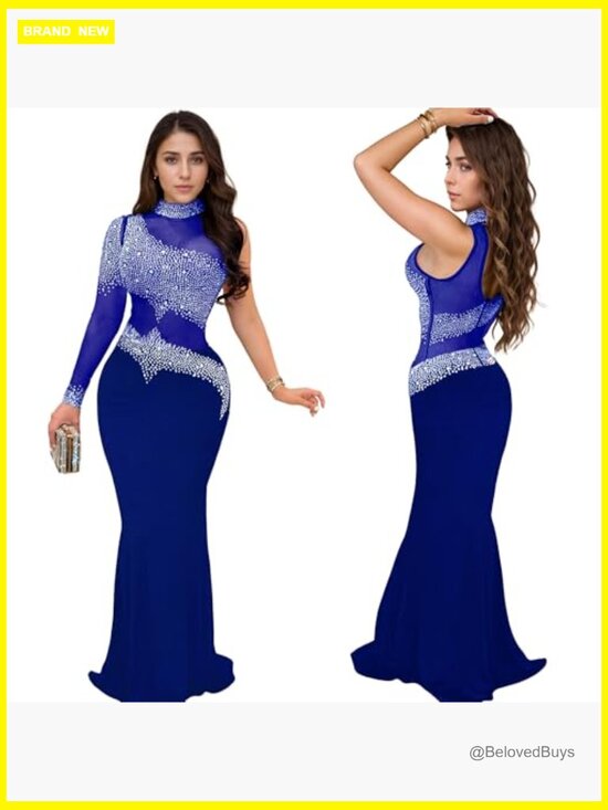 Rhinestone Sequin Maxi Dress Long Sleeve Bodycon Formal Club Night Out - Picture 5 of 7